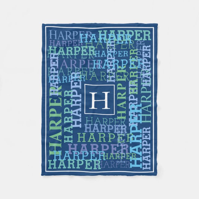 Monogram Name Cloud Blue Fleece Blanket (Front)