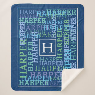 Monogram Name Cloud Blue Sherpa Blanket