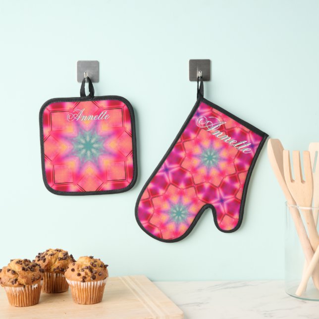 Monogram Name Colourful Blue Star Pattern | Oven Mitt & Pot Holder Set (Insitu(Hanging))
