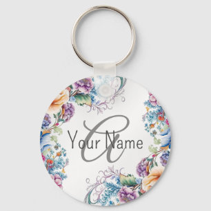 Monogram Name Colourful Floral Frame Elegant Moder Key Ring