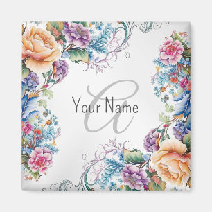 Monogram Name Colourful Floral Frame Elegant Moder Magnet