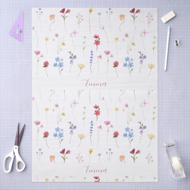 Monogram Name Colourful Garden Wildflower Pattern  Tissue Paper (Craft)