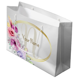 Monogram Name Colourful Pink Floral Golden Frame Large Gift Bag