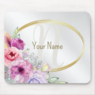 Monogram Name Colourful Pink Floral Golden Frame Mouse Mat