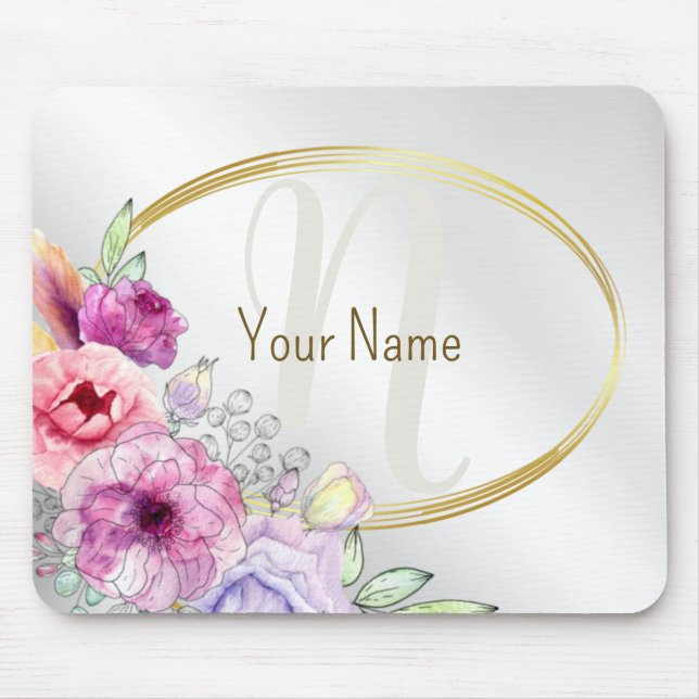 Monogram Name Colourful Pink Floral Golden Frame Mouse Mat (Front)
