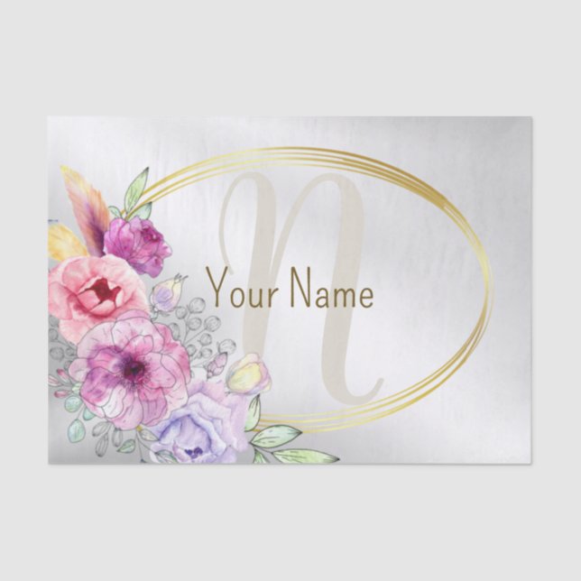Monogram Name Colourful Pink Floral Golden Frame Tissue Paper (Front)