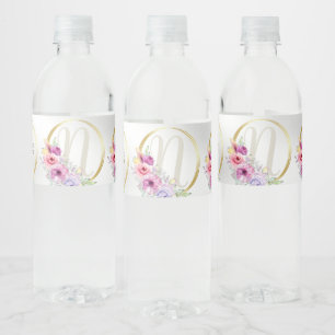 Monogram Name Colourful Pink Floral Golden Frame Water Bottle Label