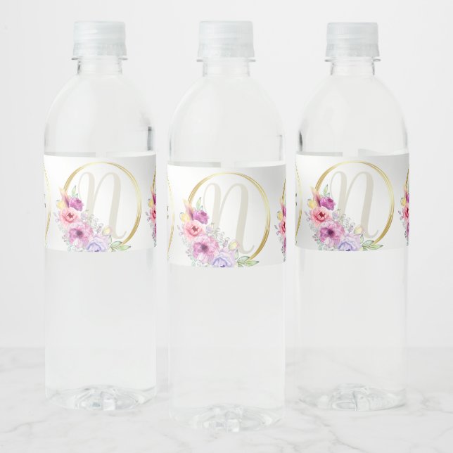 Monogram Name Colourful Pink Floral Golden Frame Water Bottle Label (Bottles)