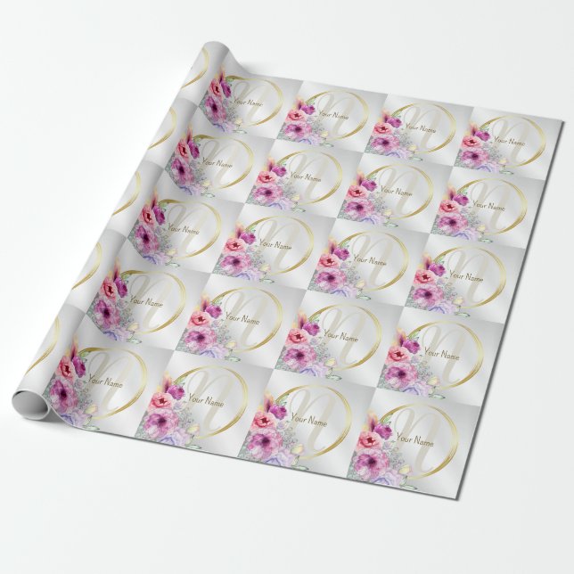 Monogram Name Colourful Pink Floral Golden Frame Wrapping Paper (Unrolled)