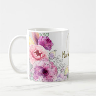 Monogram Name Colourful Pink Floral Silver Elegant Coffee Mug
