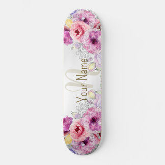 Monogram Name Colourful Pink Floral Silver Elegant Skateboard