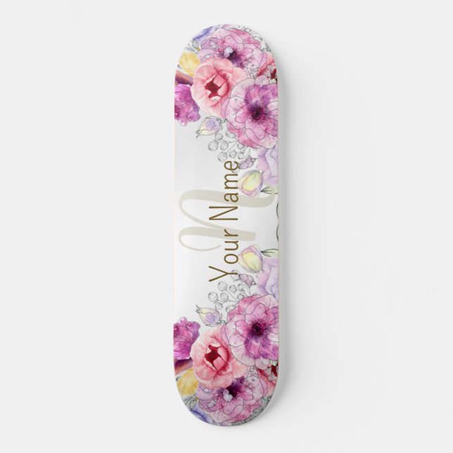 Monogram Name Colourful Pink Floral Silver Elegant Skateboard (Front)