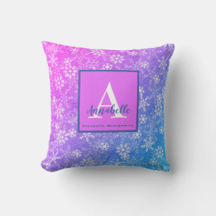 Monogram/Name Colourful Snowflake Pink Purple Blue Cushion