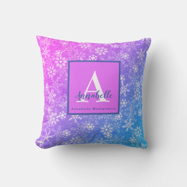 Monogram/Name Colourful Snowflake Pink Purple Blue Cushion (Front)