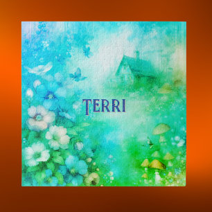 Monogram Name Cottagecore Watercolor Green/Blue Jigsaw Puzzle
