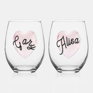Monogram Name Couples Personalized Calligraphy Stemless Wine Glass