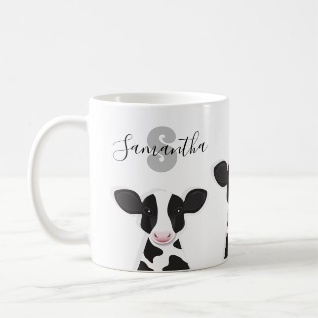 Monogram Name Cow Grey Black White Animal Coffee Mug (Left)