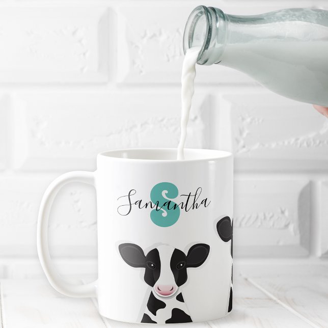 Monogram Name Cow Teal Black White Animal Coffee Mug (Creator Uploaded)