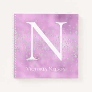 Monogram Name Customised Purple Crystals Shiny Notebook