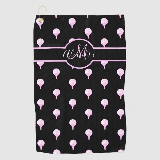 Monogram name Cute Pink Golf Ball on Tee  Black Go Golf Towel (Front)