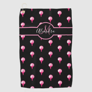 Monogram name Cute Pink Golf Ball on Tee Black Towel