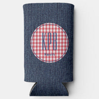 Monogram Name Dark Blue Denim Print Gingham Check Seltzer Can Cooler