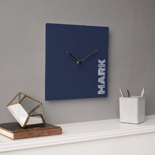 Monogram Name Dark Blue White Modern Stripes Square Wall Clock