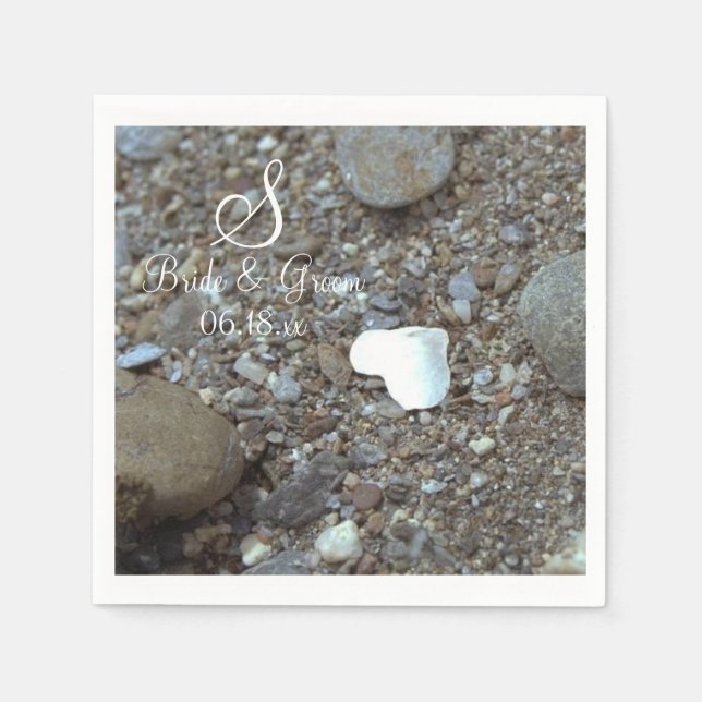 Monogram Name Date Beach Wedding Silver Heart Pape Napkin (Front)