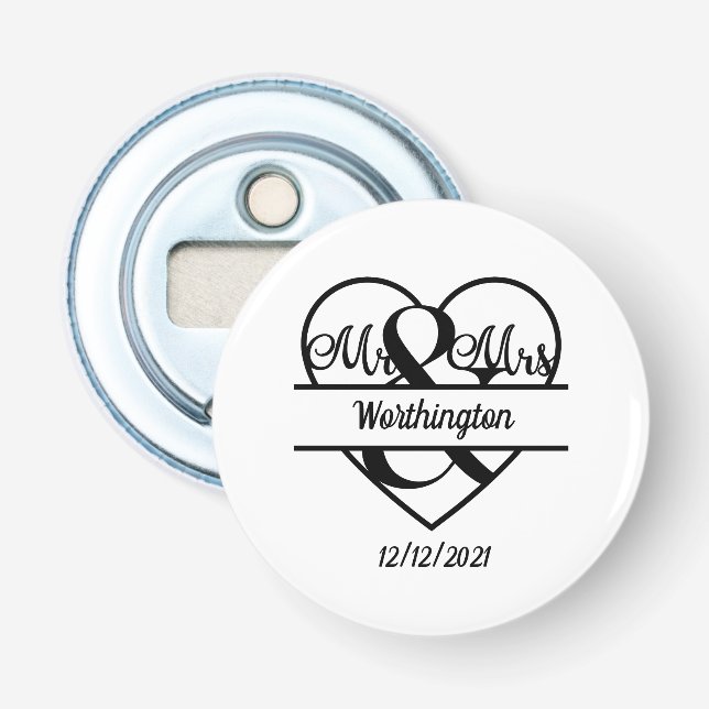 Monogram Name Date Heart Wedding  Bottle Opener (Front)
