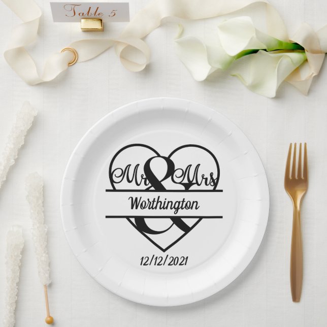 Monogram Name Date Heart Wedding  Paper Plate (Wedding)