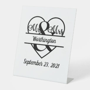 Monogram Name Date Heart Wedding Pedestal Sign