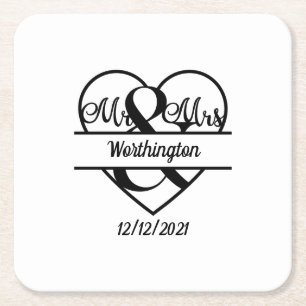 Monogram Name Date Heart Wedding Square Paper Coaster
