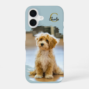 Monogram Name Dog Photo Pastel Blue Minimalist iPhone 16 Case