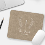 Monogram name elegant chic personalised mouse mat<br><div class="desc">Custom white botanical monogram and family name modern elegant chic rustic stylish dark beige burlap personalised mousepad.         A modern gift for weddings,  anniversaries,  Thanksgiving,  Christmas,  or any other occasion.</div>