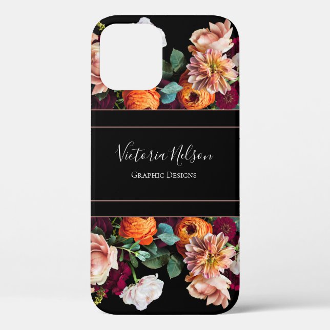 Monogram Name Elegant Floral Rustic Black Case-Mate iPhone Case (Back)