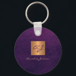 Monogram name elegant modern gold chic key ring<br><div class="desc">Luxury monogrammed keychain in dark purple leather look with a faux gold copper metallic shiny square.                Easy to personalise with your or business monogram initials and name.               Could be an elegant personalised gift for business opening,  housewarming,  birthday,  Christmas or any other occasion,  personal or office accessory.</div>
