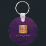 Monogram name elegant modern gold chic key ring<br><div class="desc">Luxury monogrammed keychain in dark purple leather look with a faux gold copper metallic shiny square.                Easy to personalise with your or business monogram initials and name.               Could be an elegant personalised gift for business opening,  housewarming,  birthday,  Christmas or any other occasion,  personal or office accessory.</div>