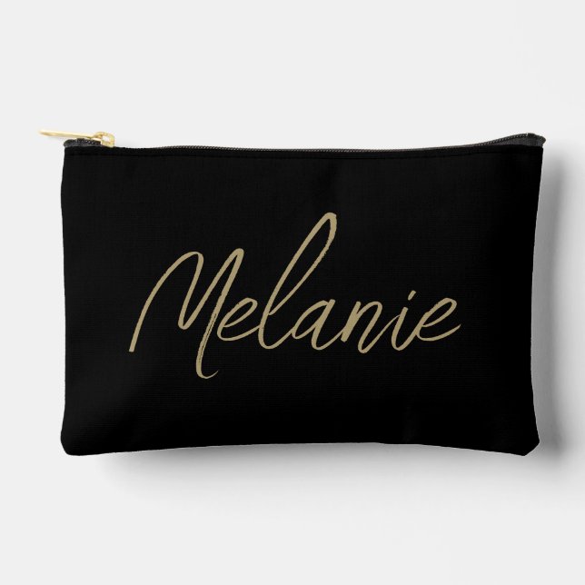 Monogram Name Elegant Modern Minimalist Gold Black Accessory Pouch (Front)