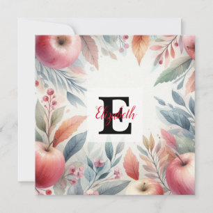 Monogram name Fall leaves and apples watercolor Holiday Card