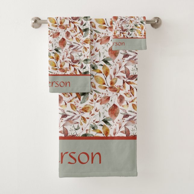 Monogram Name Fall Leaves Green Orange Red  Bath Towel Set (Insitu)