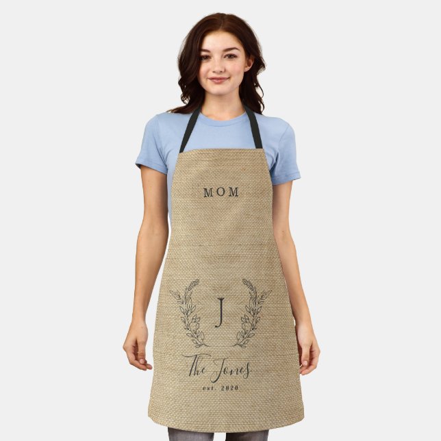 Monogram name family personalised elegant rustic apron (Worn)