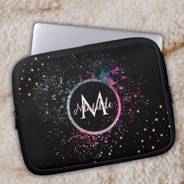 Monogram Name Faux Gold Glitter Girly Glam Black Laptop Sleeve (Creator Uploaded)