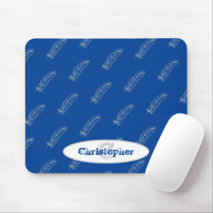 Monogram Name Feathers Pattern White Blue Modern Mouse Mat