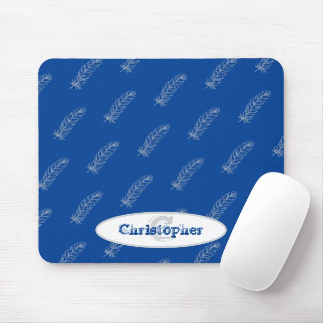 Monogram Name Feathers Pattern White Blue Modern Mouse Mat (With Mouse)