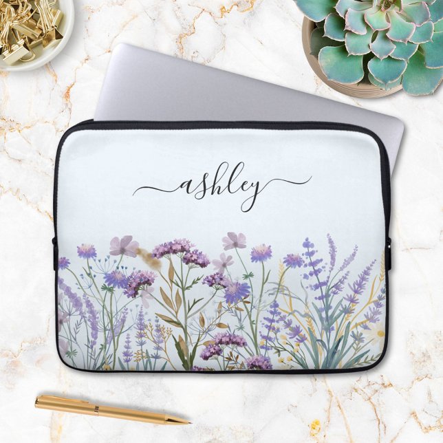 Monogram Name Floral Botanical Purple Wildflower Laptop Sleeve (In situ)