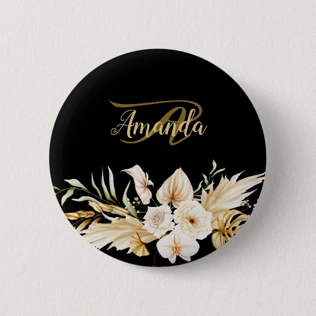 Monogram Name Floral Golden Black Elegant Modern 6 Cm Round Badge (Front)