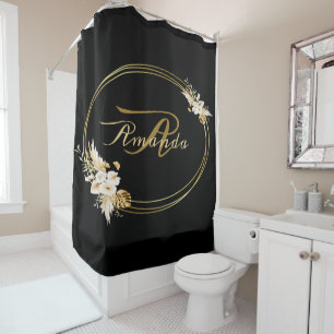 Monogram Name Floral Golden Black Elegant Trendy Shower Curtain