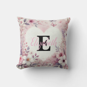 Monogram name floral hearts romantic watercolor cushion