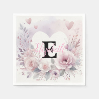 Monogram name floral hearts romantic watercolor  napkin