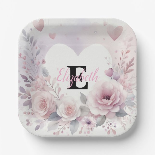 Monogram name floral hearts romantic watercolor  paper plate (Front)